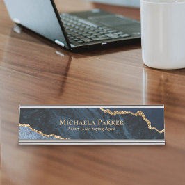 Placa De Nombre Azul Marino Geoda de Ágata Dorada Negocio Elegante