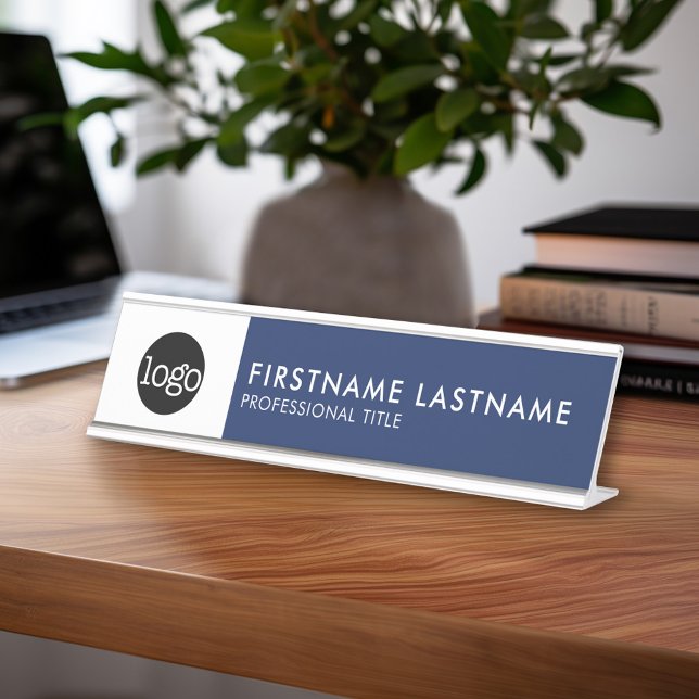Placa De Nombre Azul y blanco de la Marina moderna - Añadir logoti (Modern Desk Name plate - customize with your executive information)