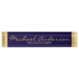 Placa De Nombre Azul y oro de la Marina Elegante Profesional