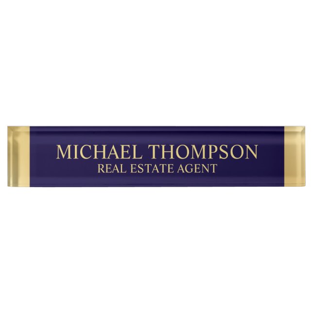 Placa De Nombre Azul y oro de la Marina Elegante Profesional (Anverso)