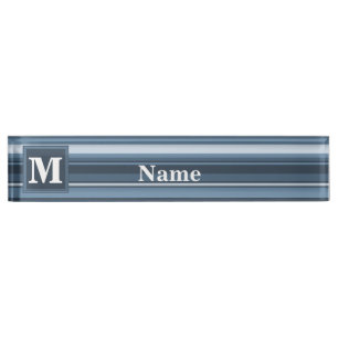 Placa De Nombre Bandas grises y azules de monograma