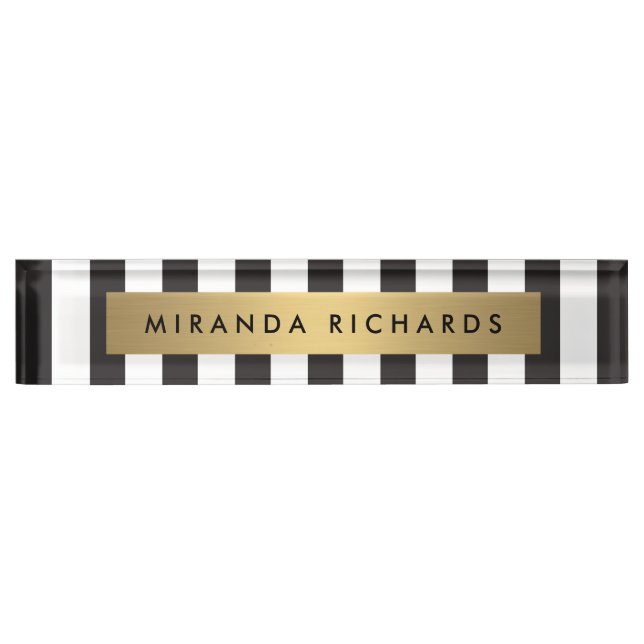 Placa De Nombre Bandas negras y blancas de lujo con barra de oro (Anverso)