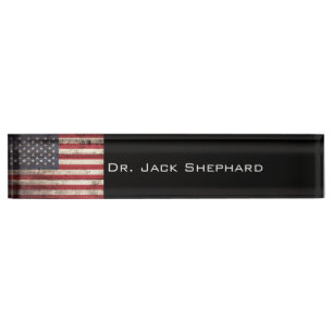 Placa De Nombre Bandera americana en grano de madera viejo