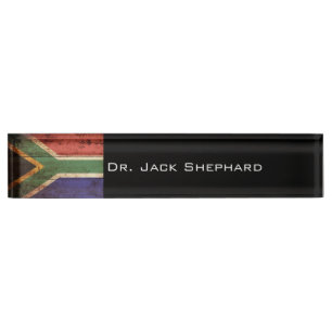 Placa De Nombre Bandera de Suráfrica en grano de madera viejo