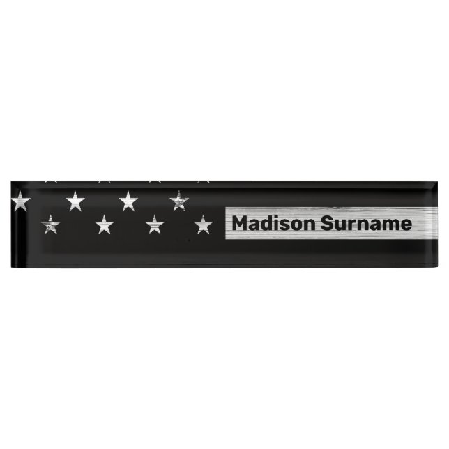 Placa De Nombre Bandera estadounidense Rustic Wood Black White Pat (Anverso)