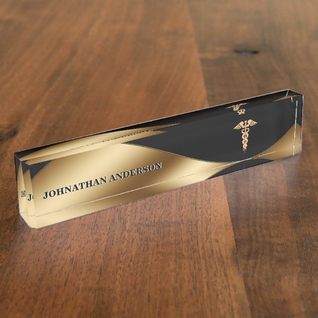 Placa De Nombre Banner negro Caduceus dorado moda elegante médica (Lateral)
