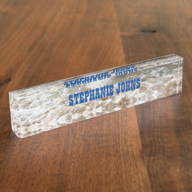 Placa De Nombre Beach Ocean White Waves Monograma Blue Custom Name (Lateral)