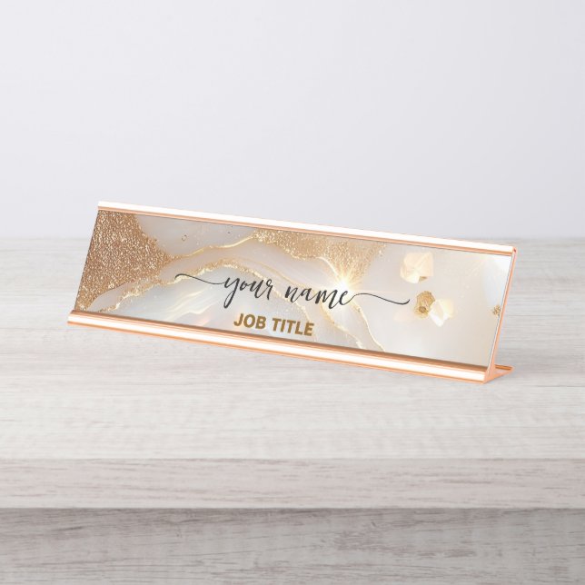 Placa De Nombre Beige Opal piedra Nuteral Rosa Dorada (Anverso)