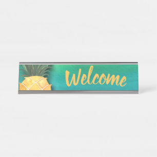 Placa De Nombre Bienvenido Piña Acuarela Oficina con Estilo