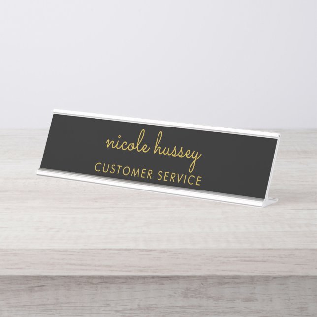 Placa De Nombre Black and Gold Script  | Stylish Monogram Modern (Anverso)