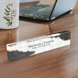 Placa De Nombre Black Gold Agate White Marble Elegant Profesional