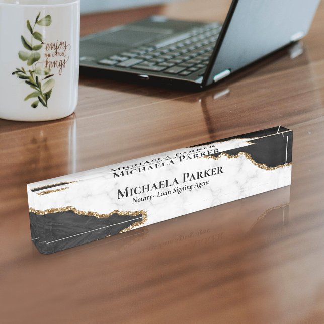 Placa De Nombre Black Gold Agate White Marble Elegant Profesional (Subido por el creador)