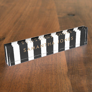 Placa De Nombre Black White Stripes Gold Classic personalizado