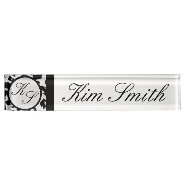 Placa De Nombre Blanco del negro del escritorio del monograma del (Anverso)