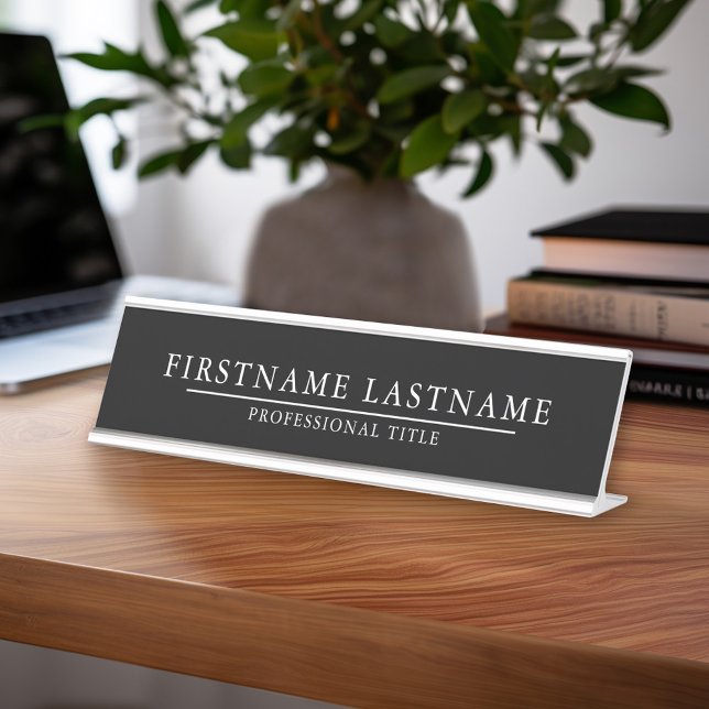 Placa De Nombre Blanco negro básico con título de nombre línea sim (Custom Name Plate - Executive Desk Sign with Name and title or other text)