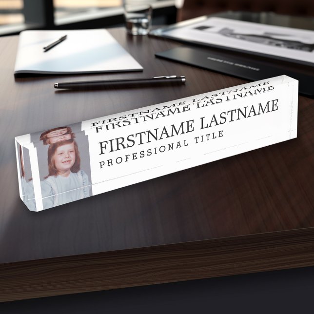 Placa De Nombre Blanco negro con nombre, título profesional y foto (Personalized Name Plate - Custom Photo Executive Desk Plate with Name and Professional Title)