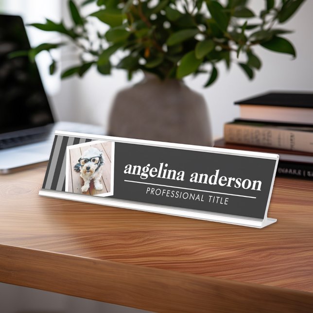 Placa De Nombre Blanco negro con nombre, título profesional y foto (Personalized Desk Sign with Name and Title - Custom Executive Name Plate)