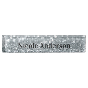 Placa De Nombre Blanco Plateado Brillo Destello Regalo Elegante Gl