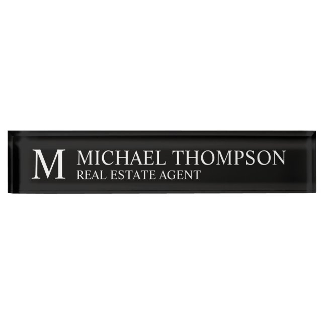 Placa De Nombre Blanco y negro elegante profesional (Anverso)
