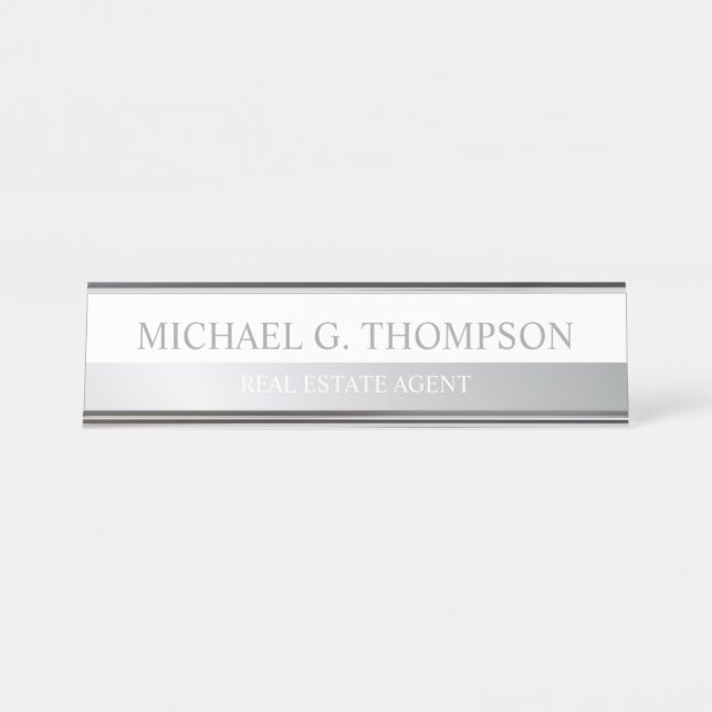 Placa De Nombre Blanco y plateado profesional (Anverso)