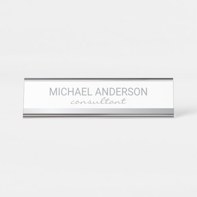 Placa De Nombre Blanco y plateado profesional (Anverso)