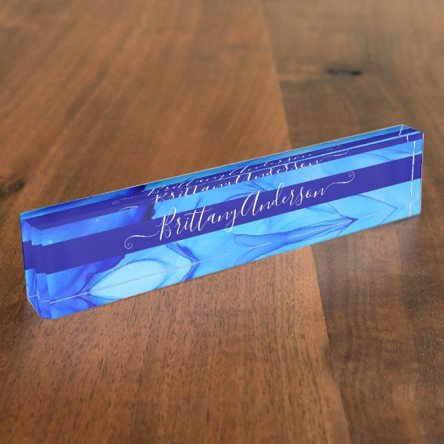 Placa De Nombre Blue Abstract Ink Blot Hermoso Personalizado (Lateral)