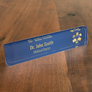 Placa De Nombre Blue Medical 3D Caduceus Gold Cross