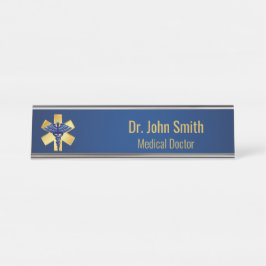 Placa De Nombre Blue Medical 3D Caduceus Gold Cross