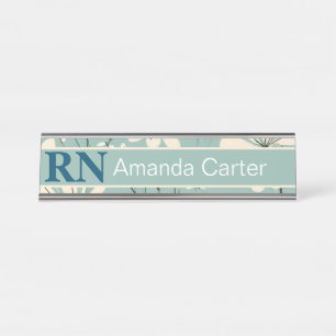 Placa De Nombre Blue White Modern Daisy Nombre Personalizado RN En