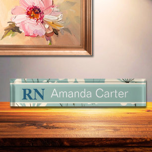 Placa De Nombre Blue White Modern Daisy Nombre Personalizado RN En