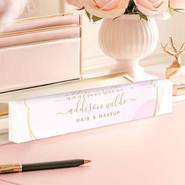 Placa De Nombre Blush Rosa Acuarela Dorado Círculo Negocios Script (Subido por el creador)