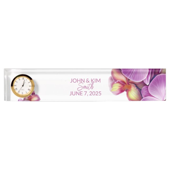 Placa De Nombre Boda Memento Desk Nameplate con reloj (Anverso)