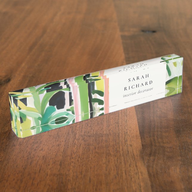 Placa De Nombre Boho Chic Green Tropical Leafy Foliage Botanical (Lateral)