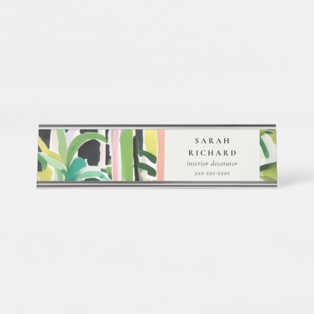 Placa De Nombre Boho Chic Verde Follaje Tropical Botánico (Anverso)
