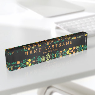 Placa De Nombre Bonito Personalizado floral Título Escritorio negr