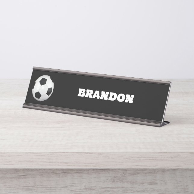 Placa De Nombre Boys Soccer Ball Black Stylish Custom Name Kids (Anverso)
