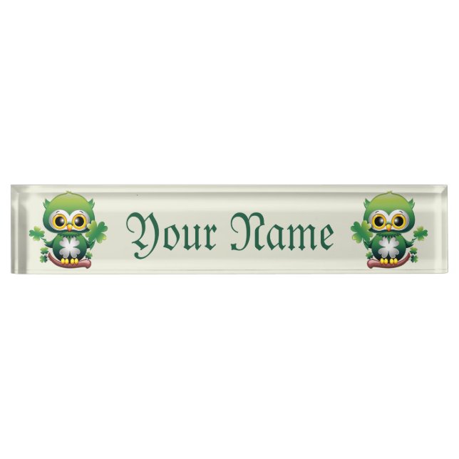 Placa De Nombre Búho Bebé Lindo Dibujo Animado St Patrick (Anverso)
