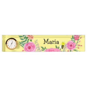 Placa de nombre Bumblebee amarillo Floral rosa