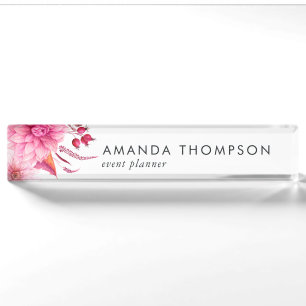 Placa De Nombre Burgundy y acuarela floral Blush