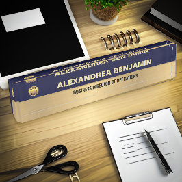 Placa De Nombre Business Employee Logo Gold Blue Modern Custom