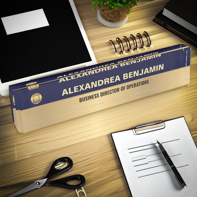 Placa De Nombre Business Employee Logo Gold Blue Modern Custom (Business Employee Logo Gold Blue Modern Custom Desk Name Plate is elegant for your desk. )