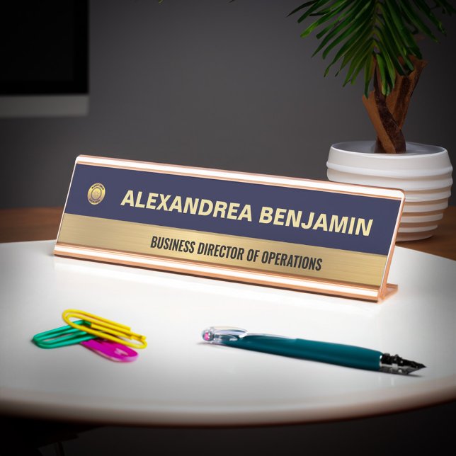 Placa De Nombre Business Employee Logo Gold Blue Modern Custom (Business Employee Logo Gold Blue Modern Custom Desk Name Plate is elegant for your office. )