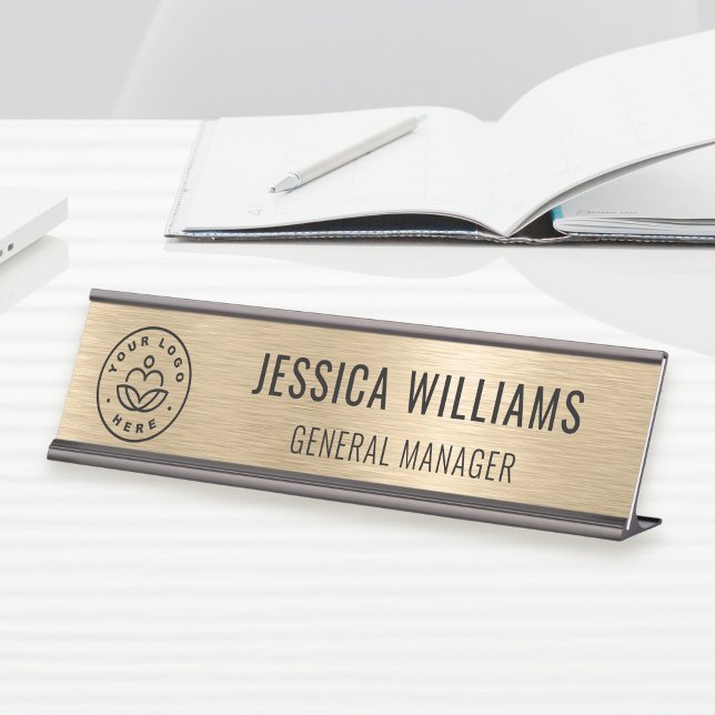 Placa De Nombre Business Logo Employee Elegant Faux Brushed Gold (Subido por el creador)