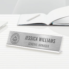 Placa De Nombre Business Logo Employee Elegant Faux Brushed Silver