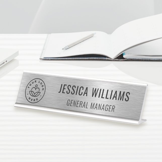 Placa De Nombre Business Logo Employee Elegant Faux Brushed Silver (Subido por el creador)