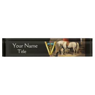 Placa De Nombre Caballo Blanco Con Perros / SÍMBOLO VETERINARIO CA