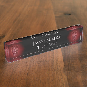 Placa De Nombre Cabeza de cráneo gótica rojo negro brillante tat