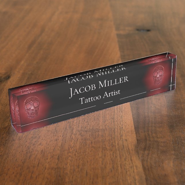 Placa De Nombre Cabeza de cráneo gótica rojo negro brillante tatua (Lateral)
