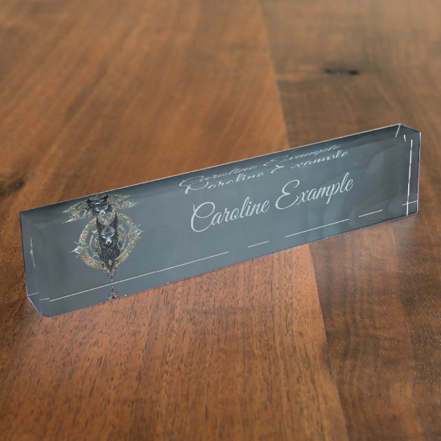 Placa De Nombre Cabeza de lobos negros con ojos azules penetrantes (Lateral)