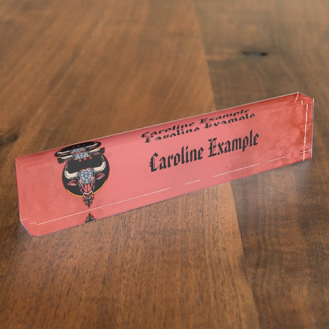 Placa De Nombre Cabeza de toro patriótica, toro estadounidense. (Lateral)